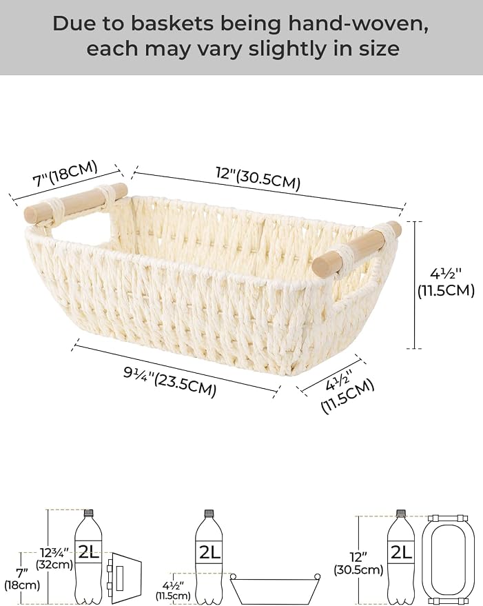 StorageWorks Round Paper Rope Woven Basket with Wooden Handles for Gifts, Small Wicker Baskets for Shelf, Beige, 2-Pack