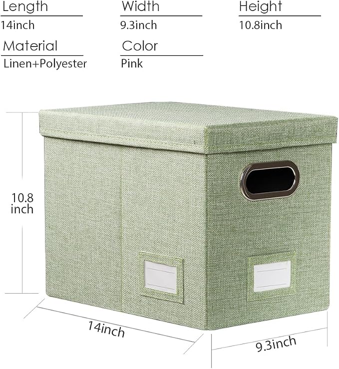 File Organizer Box - Set of 4 Collapsible Decorative Linen Filing Storage Hanging File Folders with Lids Office Cabinet Letter Size Green (14x9.3x10.8 inch)