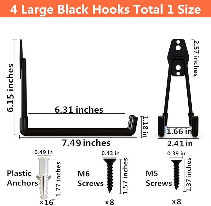 Heavy Duty Garage Storage Utility Double Hooks,Extended Wall Mount Tool Holder Organizer for Ladders,Bike,Chair (4 Pack Black 7.5" Large U Hook)