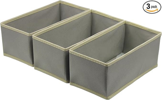 Bructhun Sock Drawer Organizer 3 Pack - Foldable Fabric Storage Bins for Underwear Divider, Small Closet Organizers with 3 Compartments, Light Gray