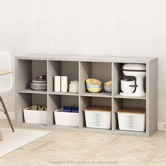 Furinno HERMITE Kitchen Island, 8-Cube Coffee Bar, Extra Thick Kitchen Storage, Bakers Rack, for Pantry Organizers and Storage, Kitchen Organization, Light Grey