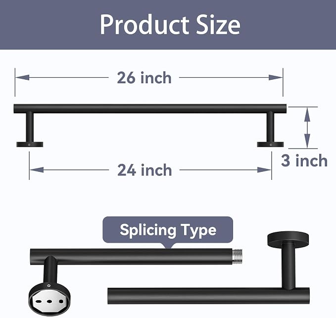 2 Pack Matte Black Towel Bar, 24 Inch Bathroom Towel Rack | Towel Holder Wall Mounted, Thicken SUS304 Stainless Steel Towel Rod Modern Home Decor (Total Length 26-Inch)