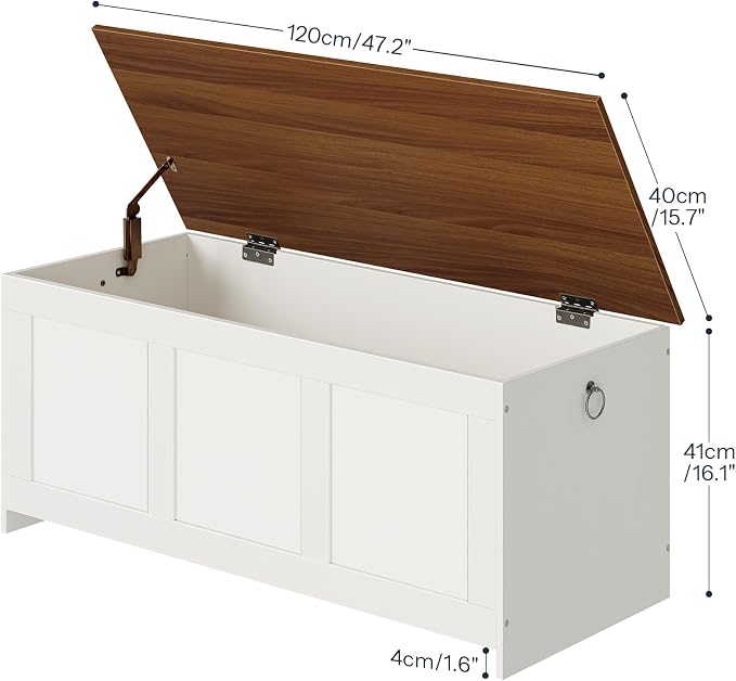 HOOBRO Storage Bench, 47.2" Retro Wooden Storage Chest, Wooden Storage Trunk, Toy Chest with Lift Top, Multifunctional Entryway Organizer, for Entryway, Living Room, White and Walnut WH412CW01
