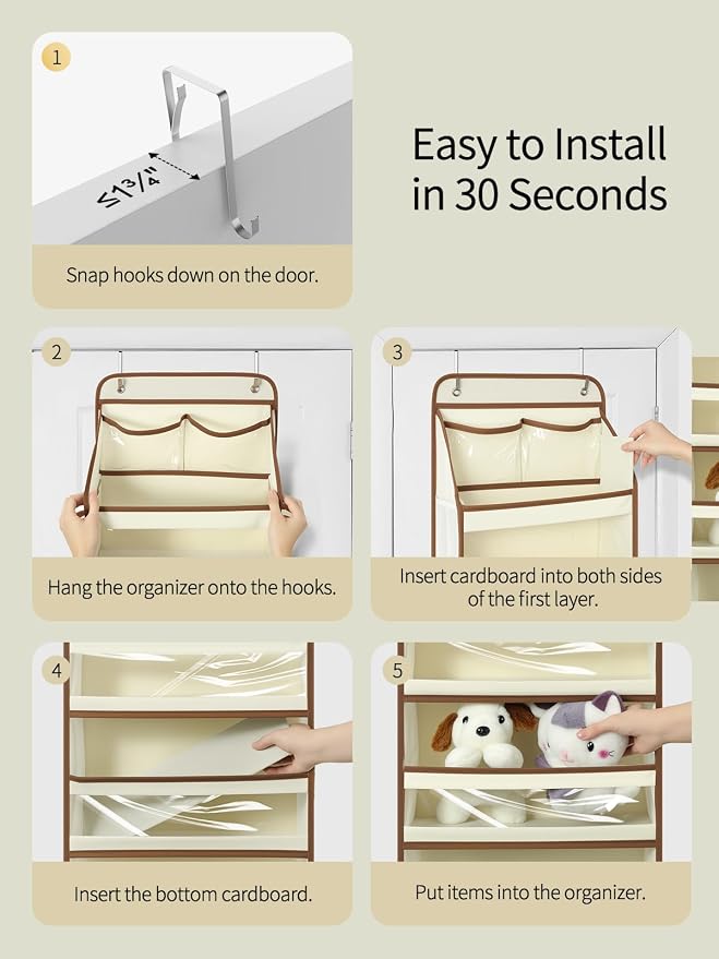 Yecaye 5 Tier Over the Door Organizer, Swing-proof Door Organizer Hanging with Clear PVC Windows, Behind the Door Storage for Bedroom Nursery Closet Laundry Pantry Bathroom, Beige