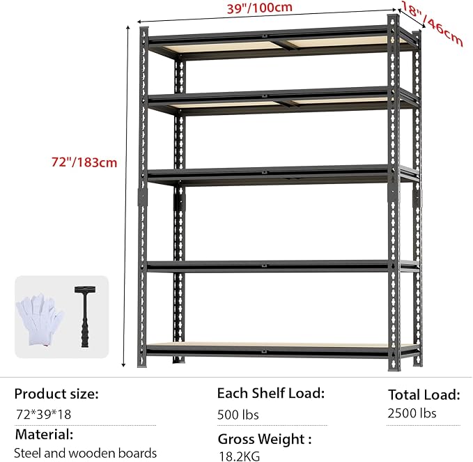 5 Tier Garage Shelving, Adjustable Heavy Duty Garage Shelves | 72 "H Metal Storage Shelves Unit for Basement,Warehouse,Pantry Kitchen