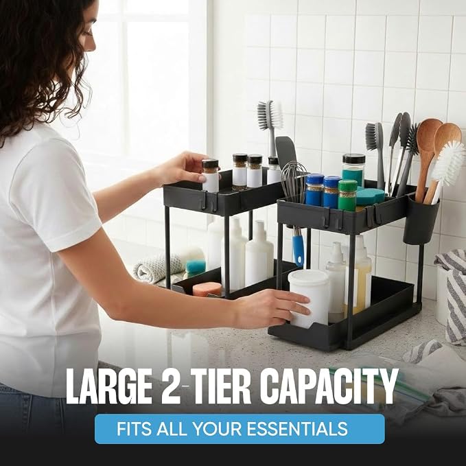 Undersink Organizer, 2-Tier Under Sink Storage Rack with Sliding Drawers for Kitchen Bathroom Cabinets, Pull Out Organizer for Pantry, Laundry Room & Closet Organization - 1 Pack, Black