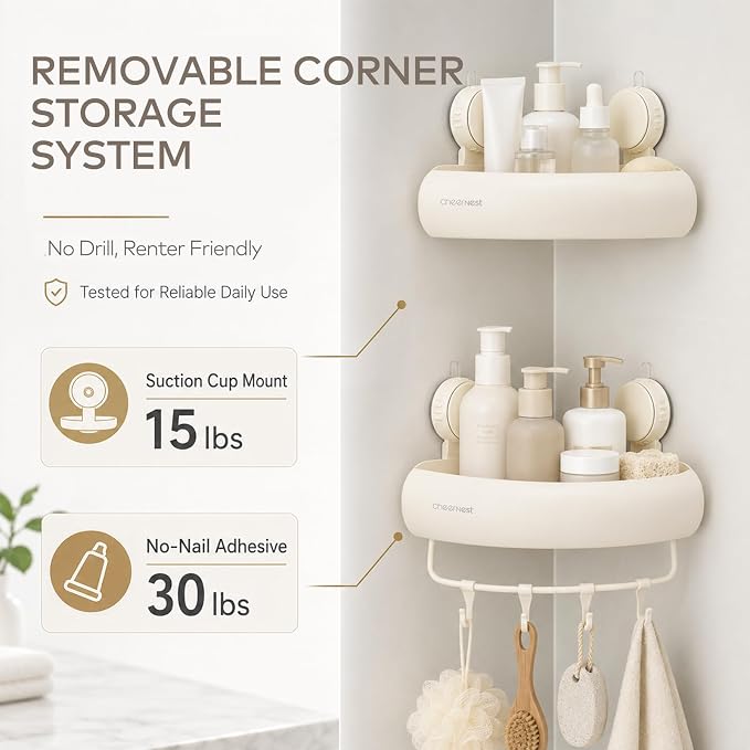 Corner Shower Caddy Suction Cup, Removable Shower Organizer Shelf | 2 Pack, Rustproof Aluminum, Includes Hooks&Hanging Bar, 2 Installation Ways, Wall-Mounted Bathroom Organizer Storage Shelves