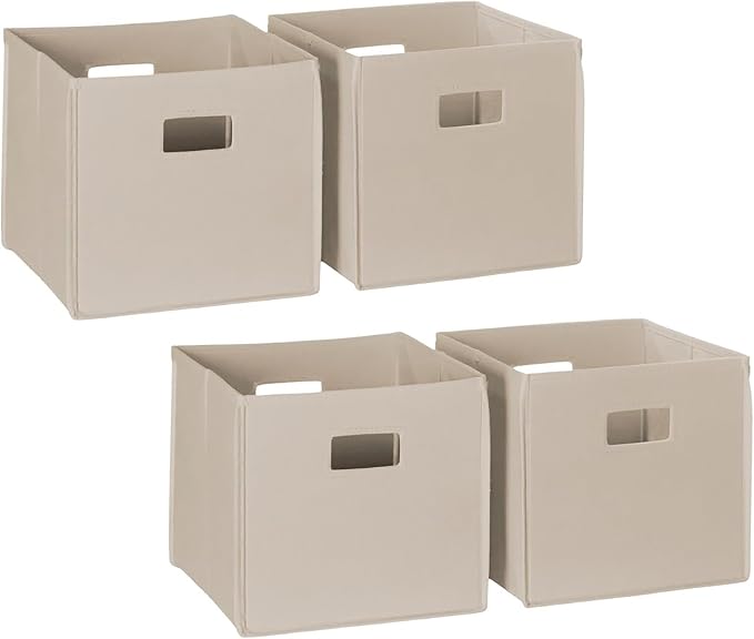 RiverRidge Folding Storage Bins - 4-pack of 10in Tall Taupe Cubes | Fabric Bins, Set of 4 Storage Cubes, Cut-out Handles, Playroom Closet Organizer, Collapsible Cubby with Bottom Board Insert