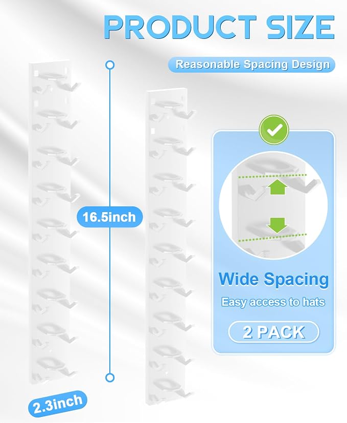 2 Pack Hat Organizer for Baseball Caps, Strong Adhesive Hat Rack for Wall, Multilayer Hat Storage Display Holder for Door Closet, Cap Organizer Storage Wall Mounted Hat Hooks Hold up to 18 Hat (White)