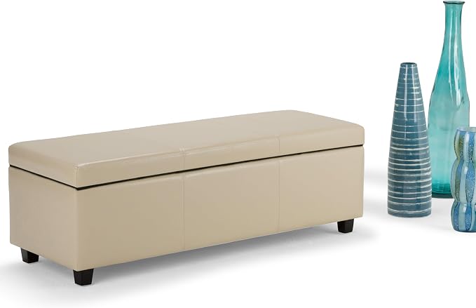 SIMPLIHOME Avalon Storage Ottoman Bench - 48" Wide x 16" High Upholstered Vegan Leather Rectangular Lift-Top Ottoman in Satin Cream, Contemporary Storage Bench for Living Room with High-Density Foam