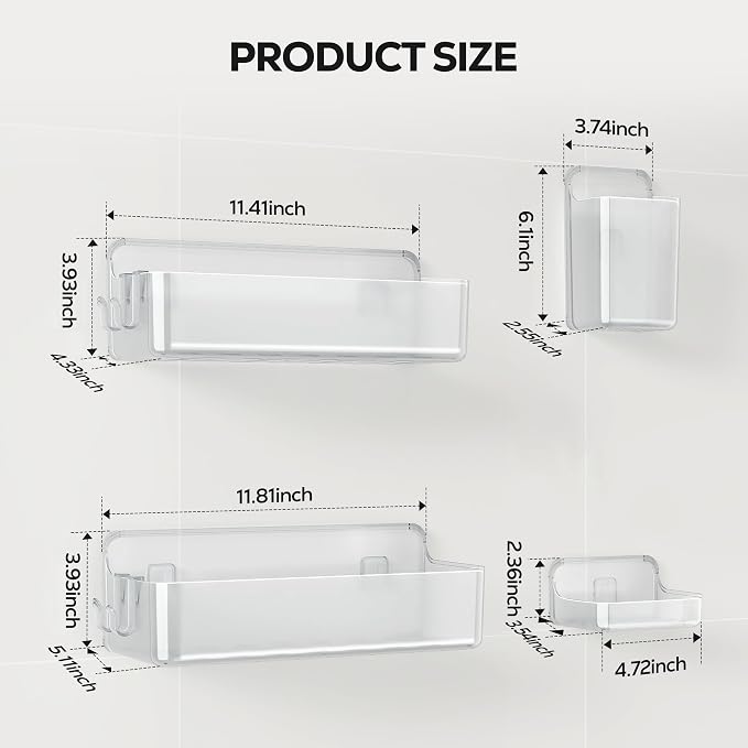 Nieifi Adhesive Shower Shelves, Clear, 4 Pieces | Rustproof ABS, Large Capacity, Removable Design, Easy-Clean, No Drilling Shower Organizer for Bathroom Storage & Home Decor
