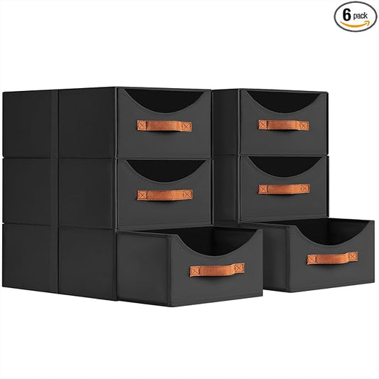 Homsorout Stackable Storage Drawers - Large Collapsible Storage Bins with Drawers, 6 Pack Closet Shelf Organizer Basket, Fabric Pull Out Organizer for Bedroom, Living Room, Dorm, Black