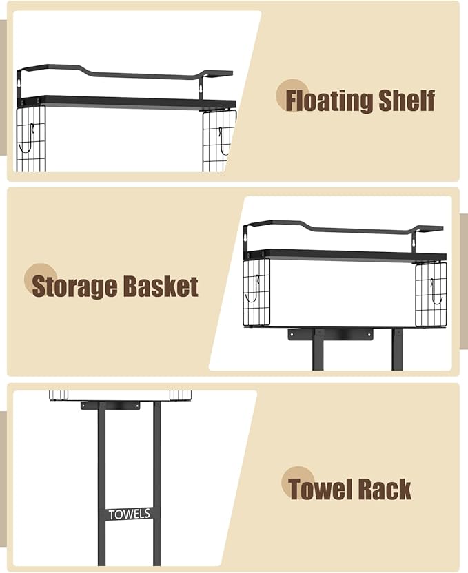 Aetyord Towel Racks for Bathroom 31inch Wall Mounted Towel Rack,Floating Shelf with Wood Plank,Towel Storage for Bathroom can Holds 6 Large Rolled Towels,All Black