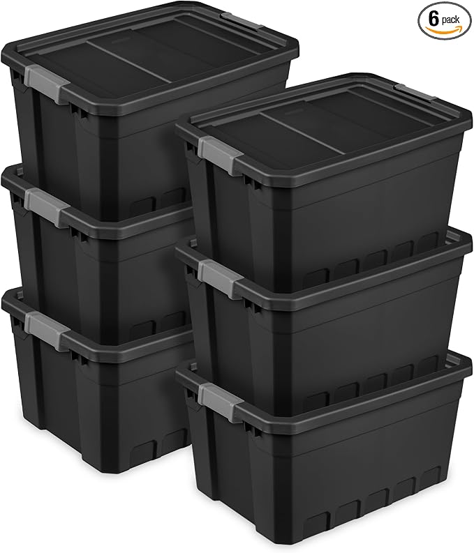 Sterilite Stacker Tote, Plastic Storage Bins with Lids, 19 Gallon, 6-Pack | Rugged Stackable Organizer Bin Containers with Latching Lids for Bed, Garage, Office, Kitchen, Closet & Classroom
