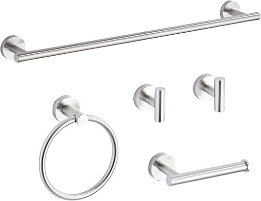 Brushed Nickel Bathroom Hardware Set 5 Piece with Towel Racks for Bathroom, SUS304 Stainless Steel Bath Towel Bar Set, 24 Inch Wall Mounted Accessories Kit…