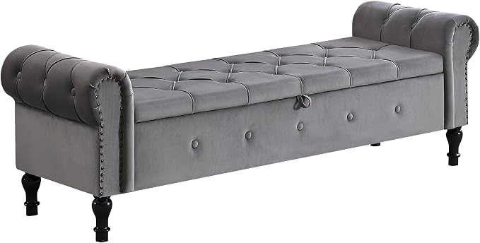 Storage Bench 67" Velvet End of Bed Benches Dark Grey | King Size Storage Bench for Bedroom with Rolled Arms Tufted Ottoman Benches Upholstered Bench for Living Room Entryway