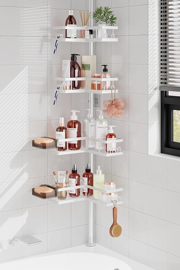 YASONIC Corner Shower Caddy Tension Pole, 25.7-109.1in Adjustable Shower Shelves, Rust-Resistant Shower Organizer, No-Drill 3-Step Installation, Bathroom Shelves for Renters & Family, White