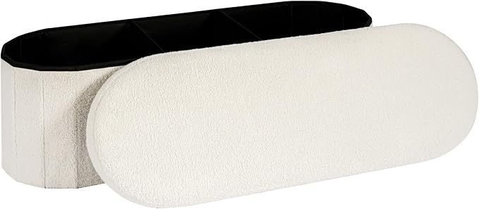 43.3 Inches Foldable Storage Ottoman Bench, Oval Footrest | Teddy Boucle Fabric, Hidden Storage, Soft Padded Seat, End Of Bed Bench For Bedroom, Living Room and Entryway, White