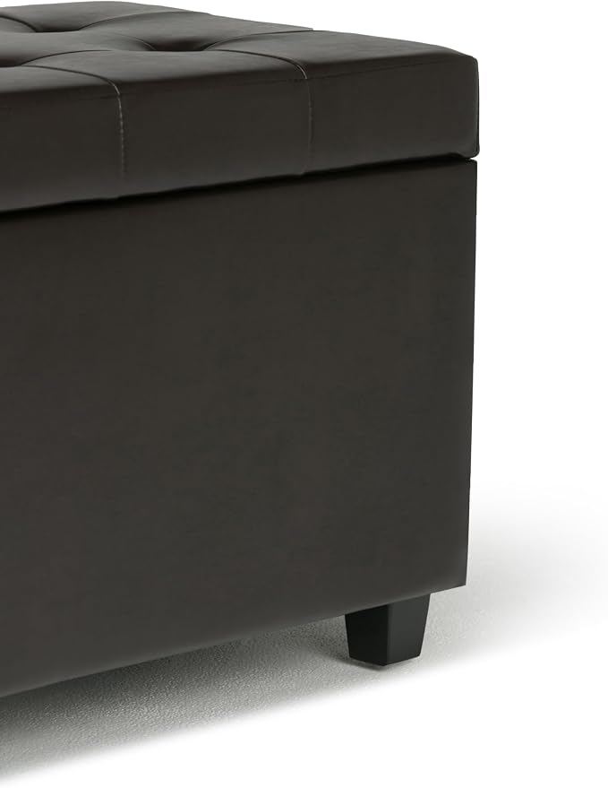 SIMPLIHOME Dover 36" Wide Vegan Leather Storage Ottoman in Distressed Black | Tanners brown, transitional storage ottoman with tufting and lift-up lid; rectangle storage bench for living room.