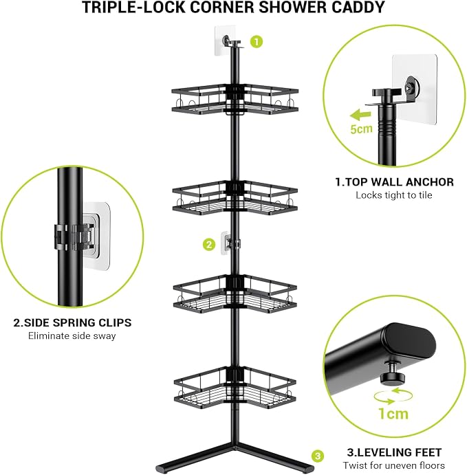 Standing Corner Shower Caddy - 4-Tier Rustproof Adjustable Shower Shelves | Floor Standing Shower Organizer Rack, No Drill Corner Shower Shelf for Bathroom, Apartments and Renters