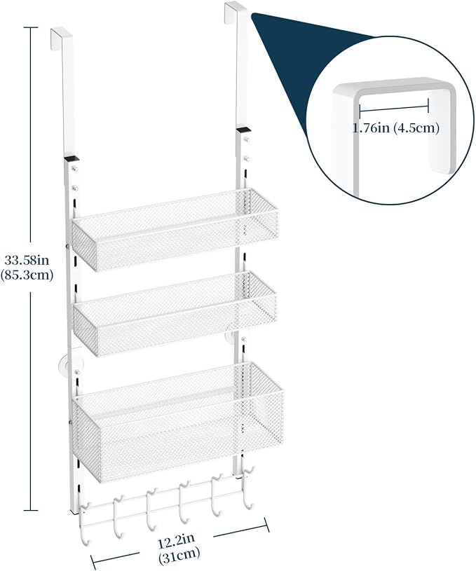 Consumest Over The Door Hooks Organizer - 4 Tier Door Coat Rack with 3 Baskets & 12 Hooks, Stainless Steel Towel Hanger for Bedroom, Bathroom, Living Room, White
