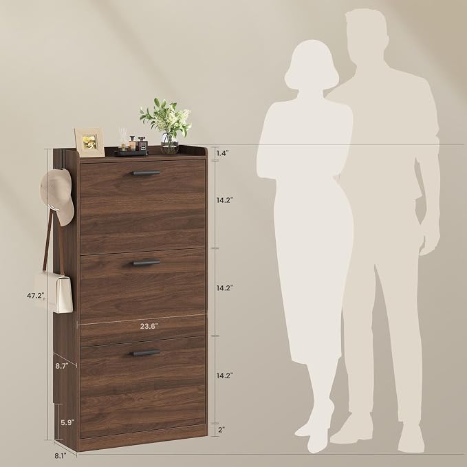 Shoe Cabinet Organizer with 3 Flip Drawers,Narrow Shoe Rack 23.6" W White | Freestanding shoe storage cabinet for entryway,foyer and hallway,slim design and space-saving flip drawers