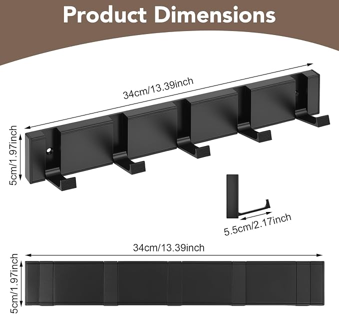 Wall Coat Rack with 5 Foldable Hooks, Black Metal Coat Hooks Hanger | Heavy-Duty Metal, Space-Saving Flip-Down Hooks, Easy Wall Mount, Ideal For Entryway, Bathroom Or Behind Doors