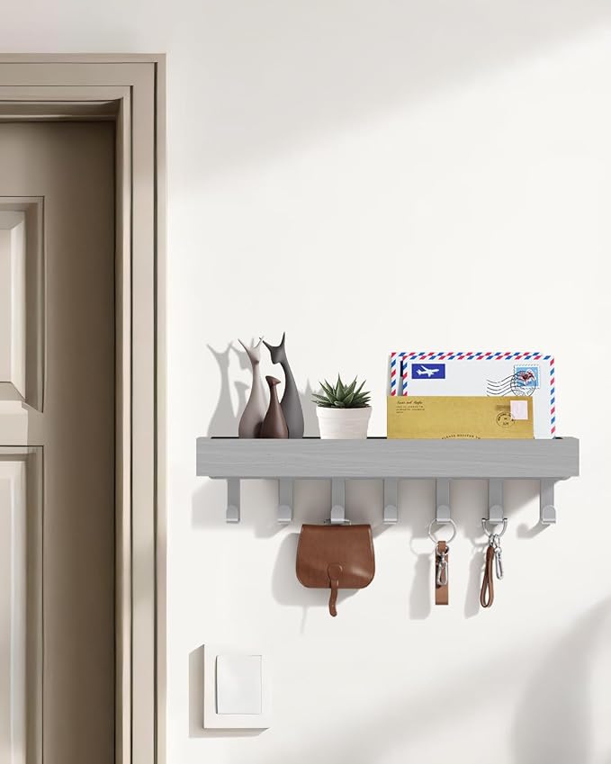 Key Holder Wall Mount Magnetic Adhesive - Key Hooks Rack with shelf | Key Hanger with Mail Organizer for RV Camper Fridge Living Room Decor, Home Essentials, Large Grey