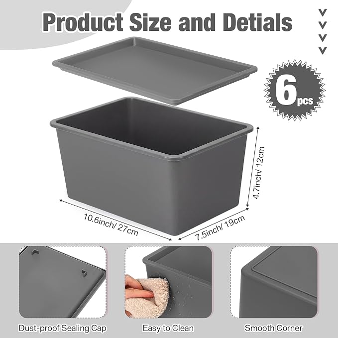 6 Pcs Storage Bins with Lids Small Plastic Storage Containers Stackable Storing Baskets Box Cute Organizer Bins for Organizing Shelves (Gray)