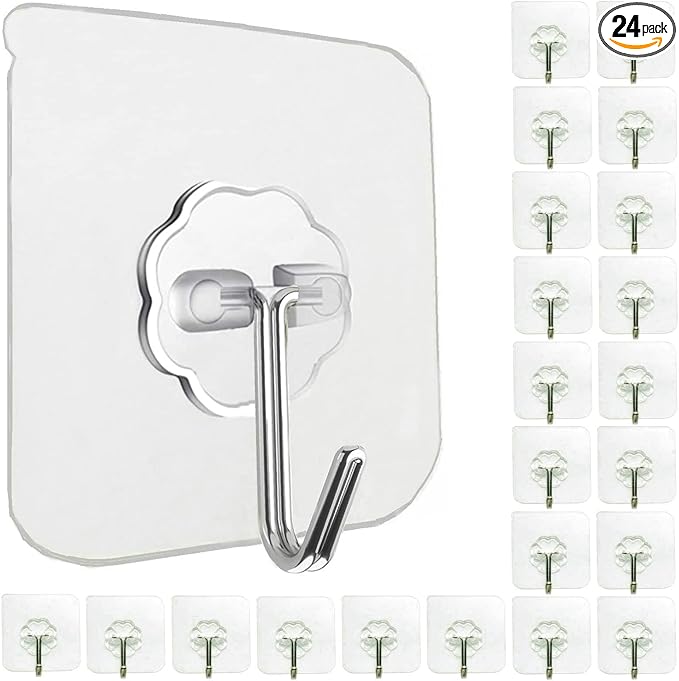Jwxstore 24 Pack Adhesive Wall Hooks 33LB Heavy Duty No Drill Transparent Waterproof Hooks for Bathroom Kitchen Towel Coat Office Home Outdoor