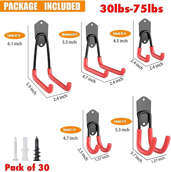 TORACK Garage Hooks Heavy Duty, 15 Pack Wall Mount Steel Utility Hooks&Hangers, Anti-Slip Rubber Coated, Garage Storage Organizer for Garden Tools, Power Tools, Ladders, Brooms, Bikes, Bulk Items