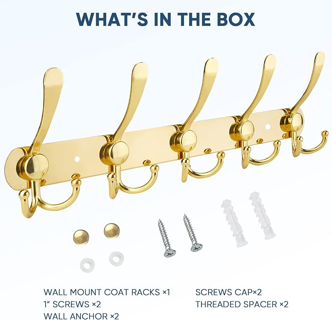 TICONN Wall Mounted Coat Rack, Five Heavy Duty Tri Hooks All Metal Construction for Jacket Coat Hat in Mudroom Entryway (Gold, 1-Pack)