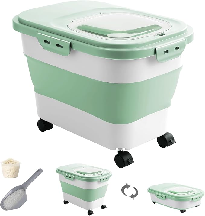 20-30 Lbs Rice Storage Container,Collapsible Food Storage Container | Flour Storage Container with Wheels Airtight Locking Lid,Cat Food Container Double Seal,Keep Fresh for Pet Food,Rice,Flour
