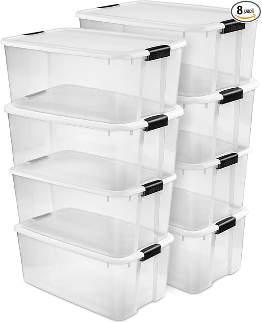 Sterilite Ultra Latch Box with Lids for Home and Office, 116 Quart, 8-Pack | Heavy-Duty and Stackable Plastic Containers with Latches for Closet, Cabinet, Bedroom, Bathroom and Dorm Room Organization