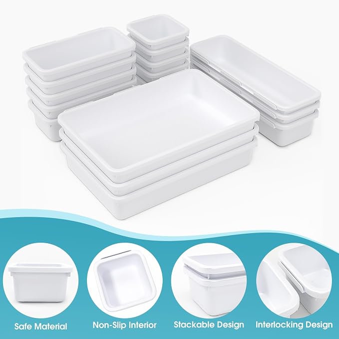 16 PCS Drawer Organizer Set, 4 Size Makeup Drawer Divider Organizer With Non-Slip Pads, Interlocking Plastic Storage Bins for Office,Jewelry Vanity,Gadgets, Bathroom,Kitchen, White