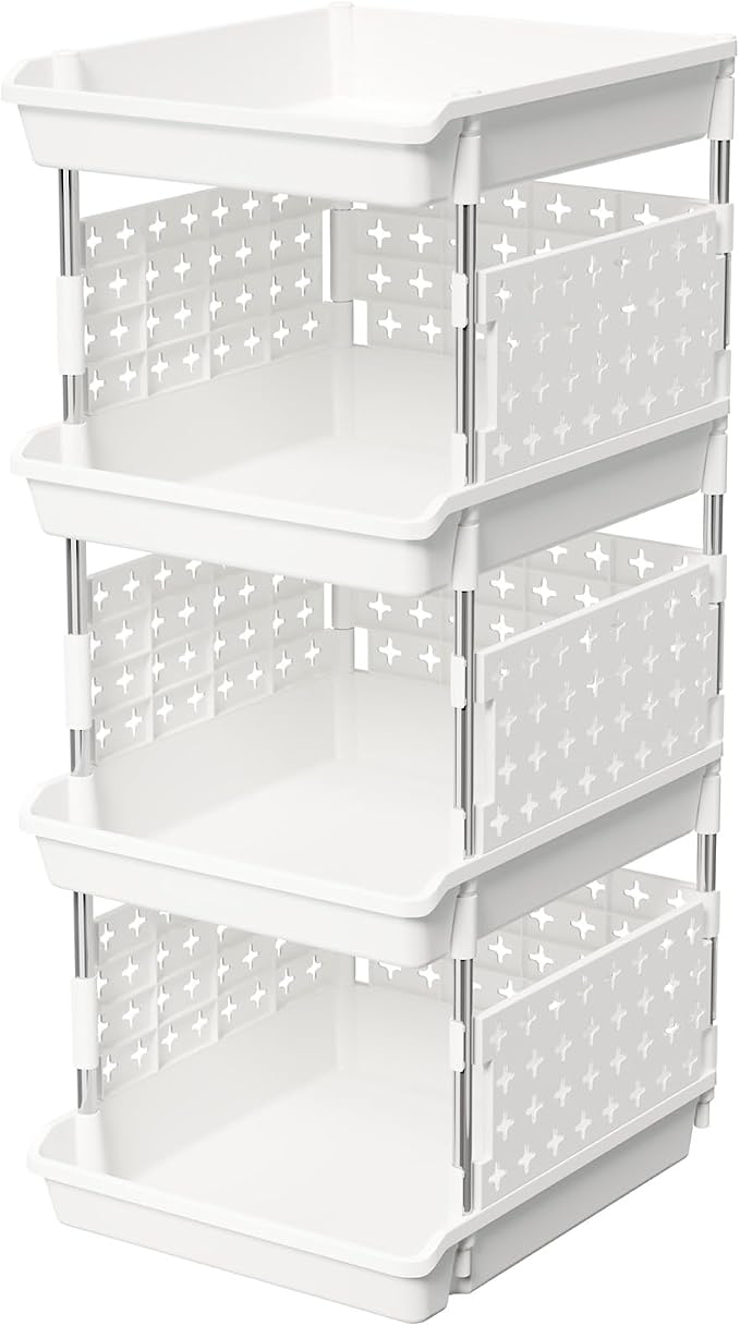 Lifewit Plastic Stackable Storage Baskets, 4 Tier Stacking Bins for Food and Clothes, Multifunctional Organizer for RV, Kitchen, Playroom, Pantry and Bathroom, 13.8"D x 11.8"W x 28.3"H, 1 Pack, White | Stacking Bins for Food, Multifunctional Organizer ...