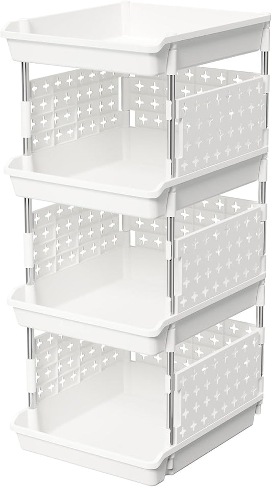 Lifewit Plastic Stackable Storage Baskets, 4 Tier Stacking Bins for Food and Clothes, Multifunctional Organizer for RV, Kitchen, Playroom, Pantry and Bathroom, 13.8"D x 11.8"W x 28.3"H, 1 Pack, White | Stacking Bins for Food, Multifunctional Organizer ...
