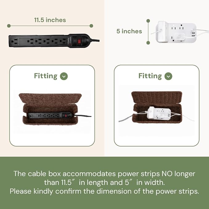 Cable Management Box, Handmade Rattan Cable Organizer with 2 Open Slots, Cord Hider for Power Strip, Router & USB Hub, Registered U.S. Design Patent (D1,112,102), 13" x 5.1" x 5.1", Brown