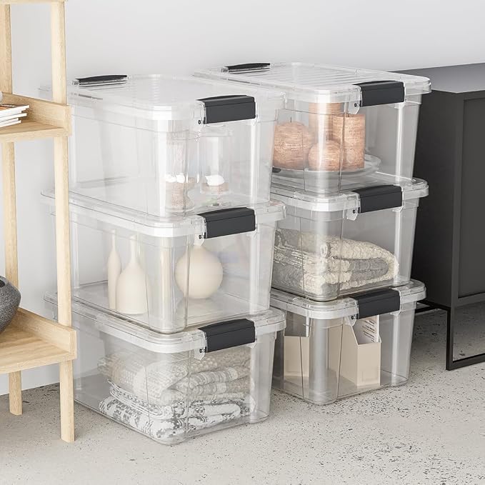 Superio Clear Storage Box with Lid, 26 Quart Plastic Container Bins for Organizing, Stackable Crates, BPA Free, Non Toxic, Odor Free, Organizers for Home, Office, School, and Dorm, 10 Pack
