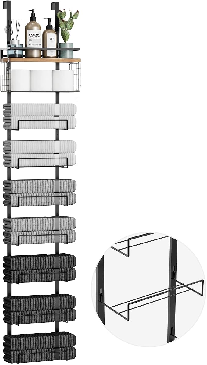 Aetyord Towel Racks for Bathroom Over The Door Towel Racks Towel Storage Organizer with Metal Shelf Basket for Bathroom Rv Camper (9-Tier Black with Wood Plank)