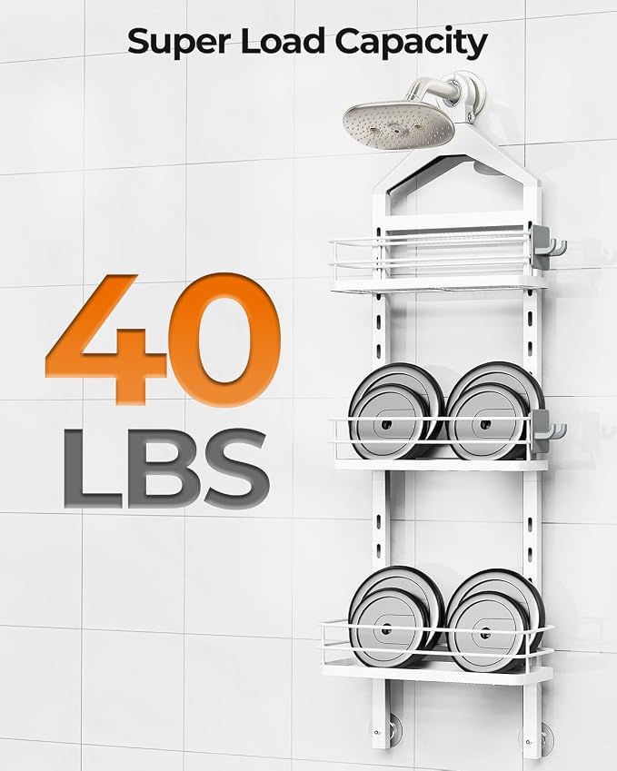 ODesign 3 Tier Adjustable Shower Caddy Hanging Over Head Anti-Swing White | Shower organizer hanging,no drilling required,comes with removable hook and storage box, suitable for indoor showers