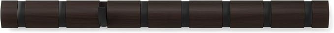 Umbra Flip Coat Rack, Wall Mount 8-Hook, Space Saving, Walnut/Black | Real wood and steel build, retractable hooks fold flat, holds coats bags and scarves, easy install