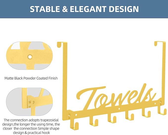 Azmoncy Over The Door Hooks, Towel Hook Towel Rack for Bathroom Towel Holder for Hanging Heavy Duty, Wall Mount Towel Hanger with 6 Hooks for Bedroom Bathroom Kitchen Towels, Bag, Coats, Hats(Gold)