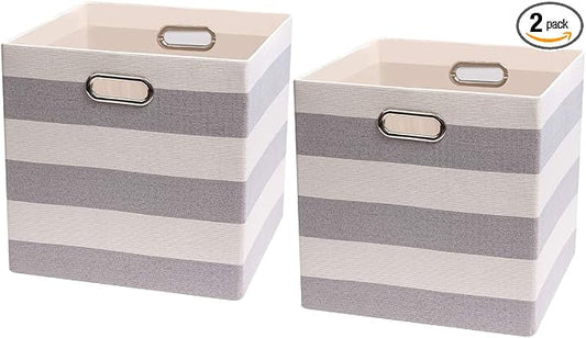 Posprica Storage Cubes,13×13 Collapsible Storage Baskets Bins Fabric Drawers - 2pcs, Grey-white Striped