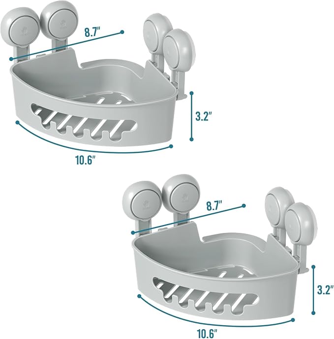 TAILI Corner Shower Caddy Organizer, Plastic Shower Caddy Suction Cup, Grey | 2 Pack Shower Caddies, No Drill Shampoo Holder, Removable Shower Basket, Wall Mounted Organizers