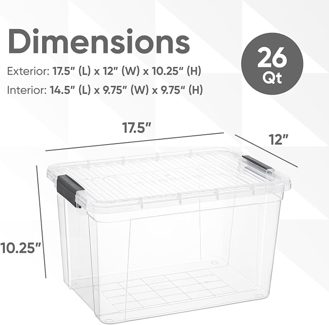 Superio Clear Storage Box with Lid, 26 Quart Plastic Container Bins for Organizing, Stackable Crates, BPA Free, Non Toxic, Odor Free, Organizers for Home, Office, School, and Dorm, 10 Pack