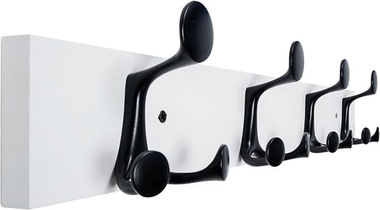 WEBI Coat Rack Wall Mount,24" Solid Wood Coat Hooks Wall Mounted Coat Hanger,16" Hole to Hole,Heavy Duty Hook Rack Rail,4 Triple Hooks for Hanging Coats,Jacket,Clothes,Hat,Backpack,White