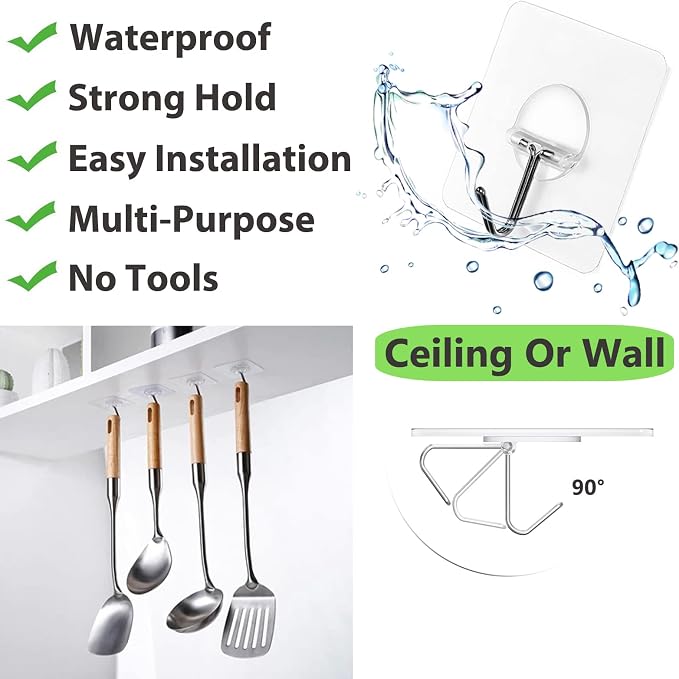 JINSHUNFA Adhesive Wall Hooks 13LB Heavy Duty No Drill Transparent Waterproof Hooks for Bathroom Kitchen Towel Coat 8 Pack