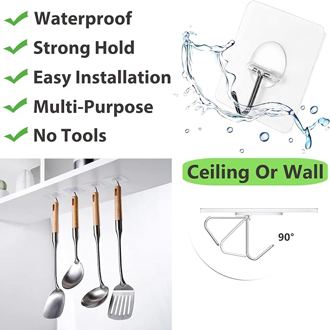 JINSHUNFA Adhesive Wall Hooks 13LB Heavy Duty No Drill Transparent Waterproof Hooks for Bathroom Kitchen Towel Coat 12 Pack