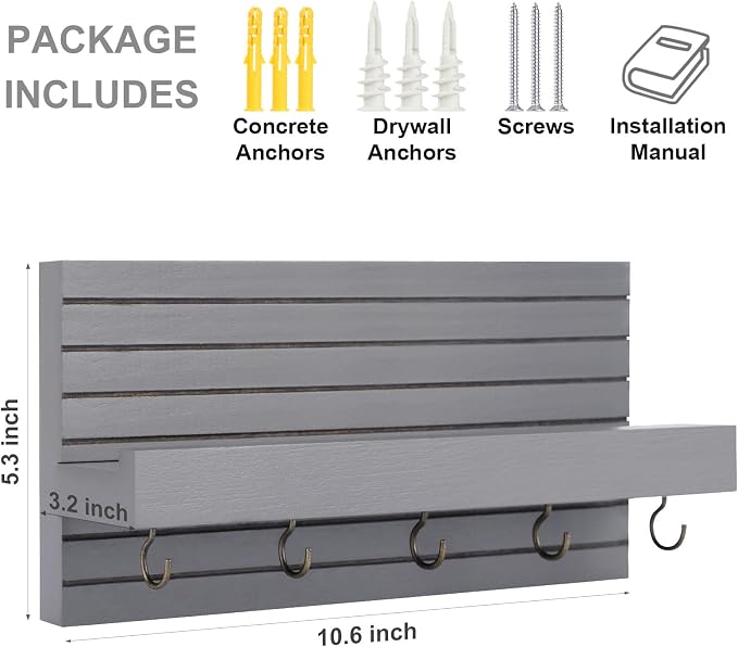 Lwenki Decorative Key Holder for Wall with Shelf, Entryway Shelf with Hooks Holds Leashes, Jackets and Glasses – Sturdy Wood Keyholder Entrance Hanger with Mounting Hardware (Gray, Medium)